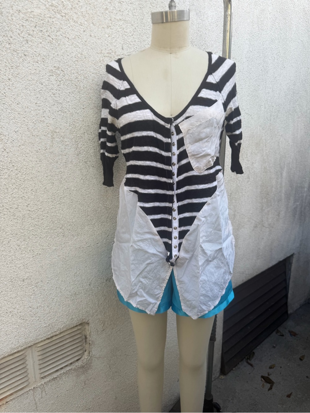 Free People Black and White Striped Button Front Mixed-Media Top